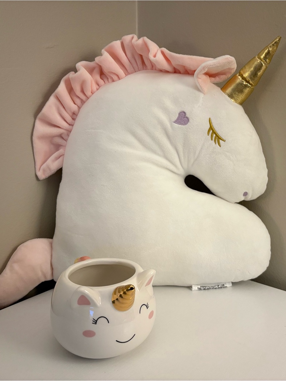 Unicorn Pillow & Ceramic Mug Set Pink Gold Rainbow Cute Decor